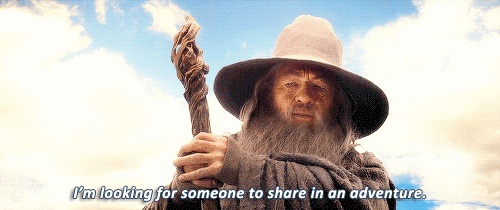 Meme: Animated illustration of Bilbo turning Gandalf down at the start of a quest.