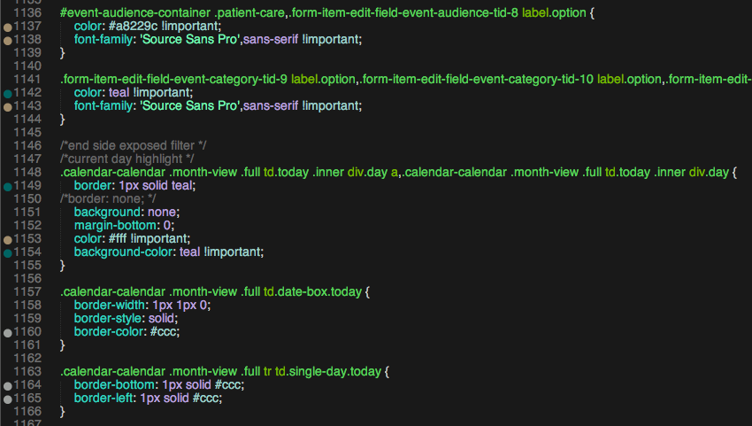 Screenshot displaying gutter colors for a Drupal theme CSS file opened in Sublime Text.